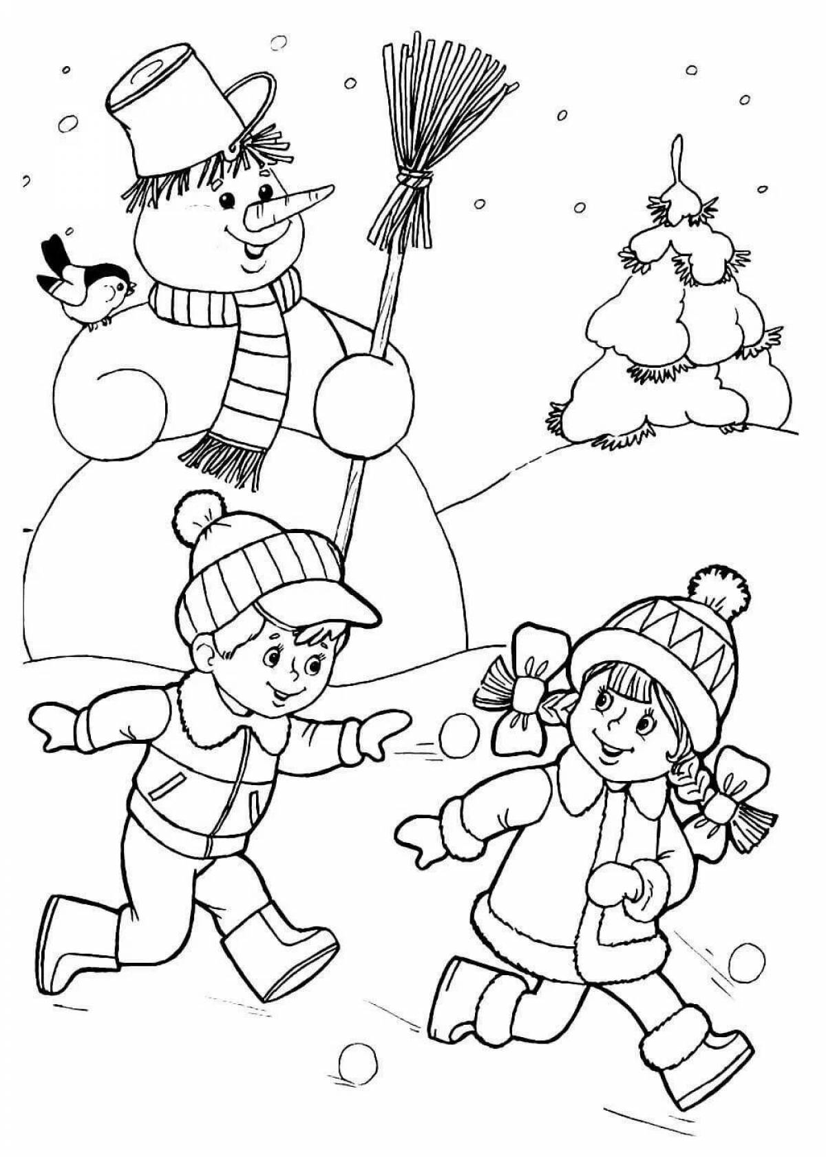 Раскраска энергичные дети играют в снежки
