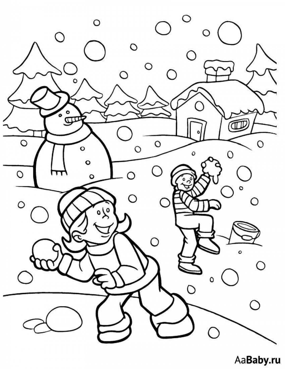 Coloring book funny kids playing snowballs