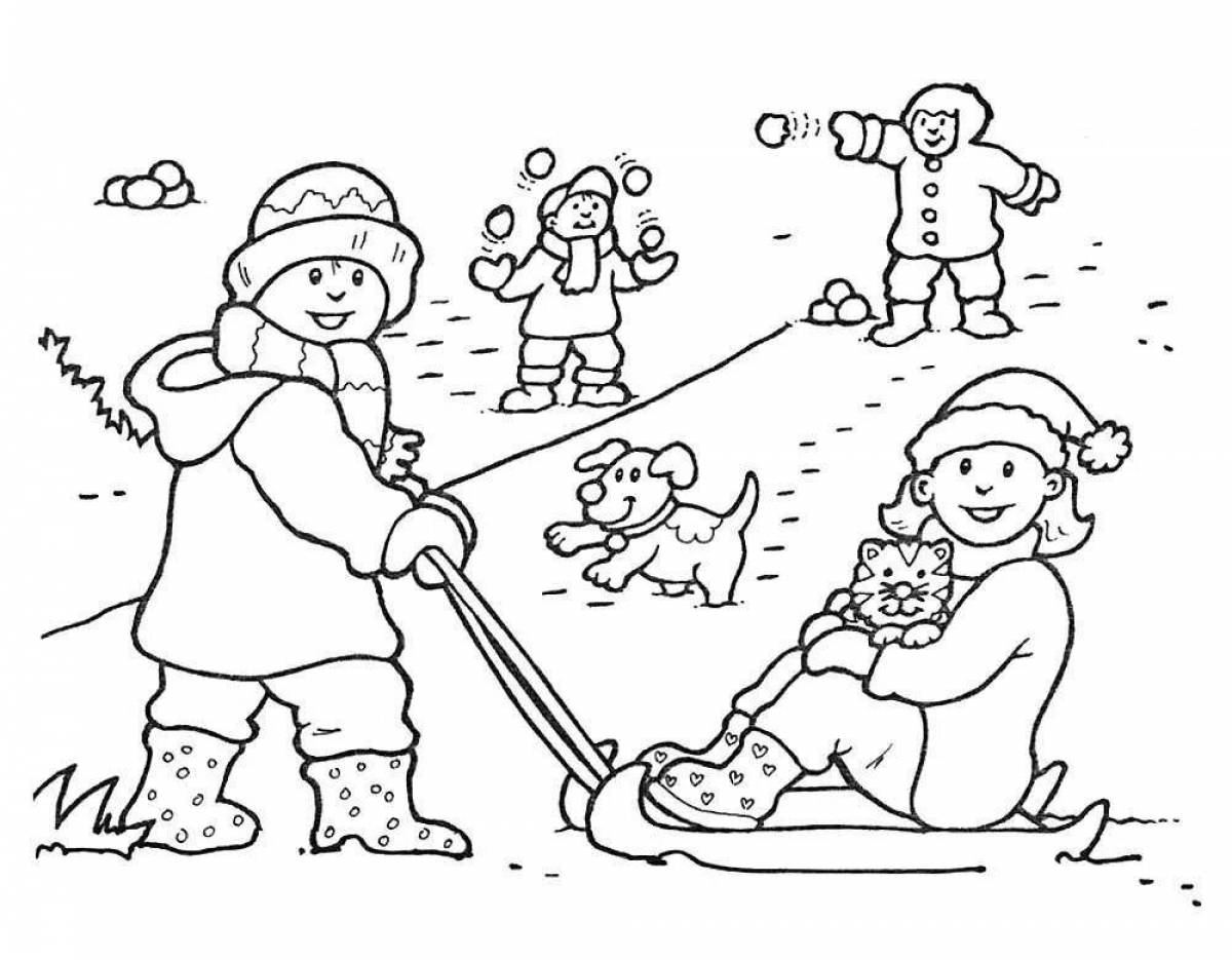 Восхитительные дети, играющие в снежки раскраска