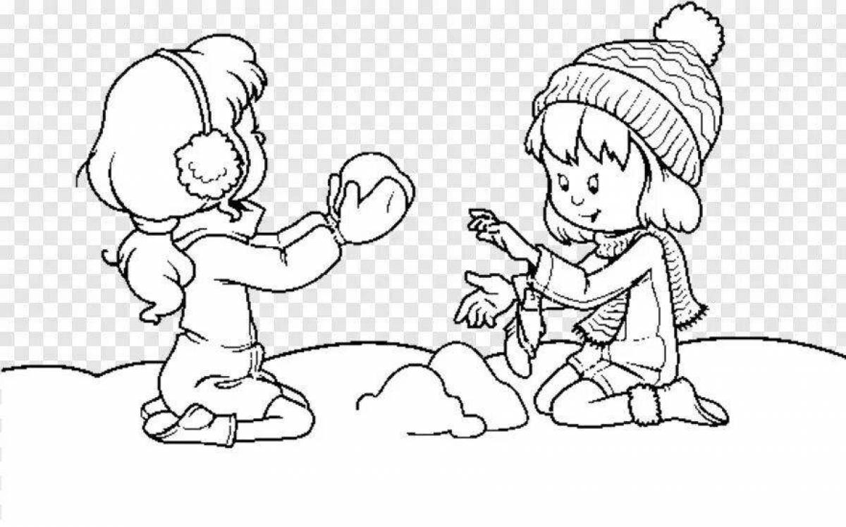 Coloring book exciting children playing snowballs