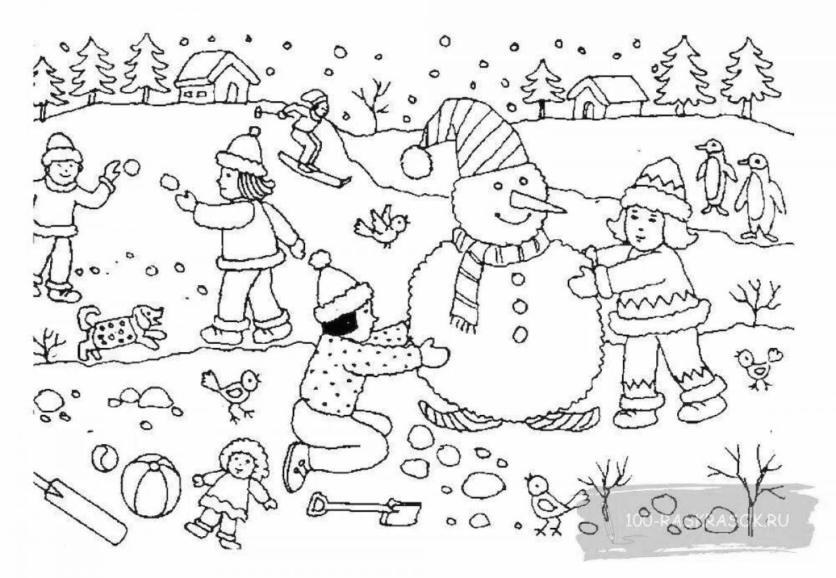 Развлечение детей, играющих в снежки раскраска