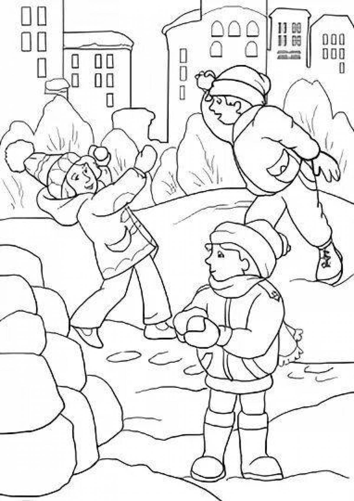 Charming children playing snowballs coloring book