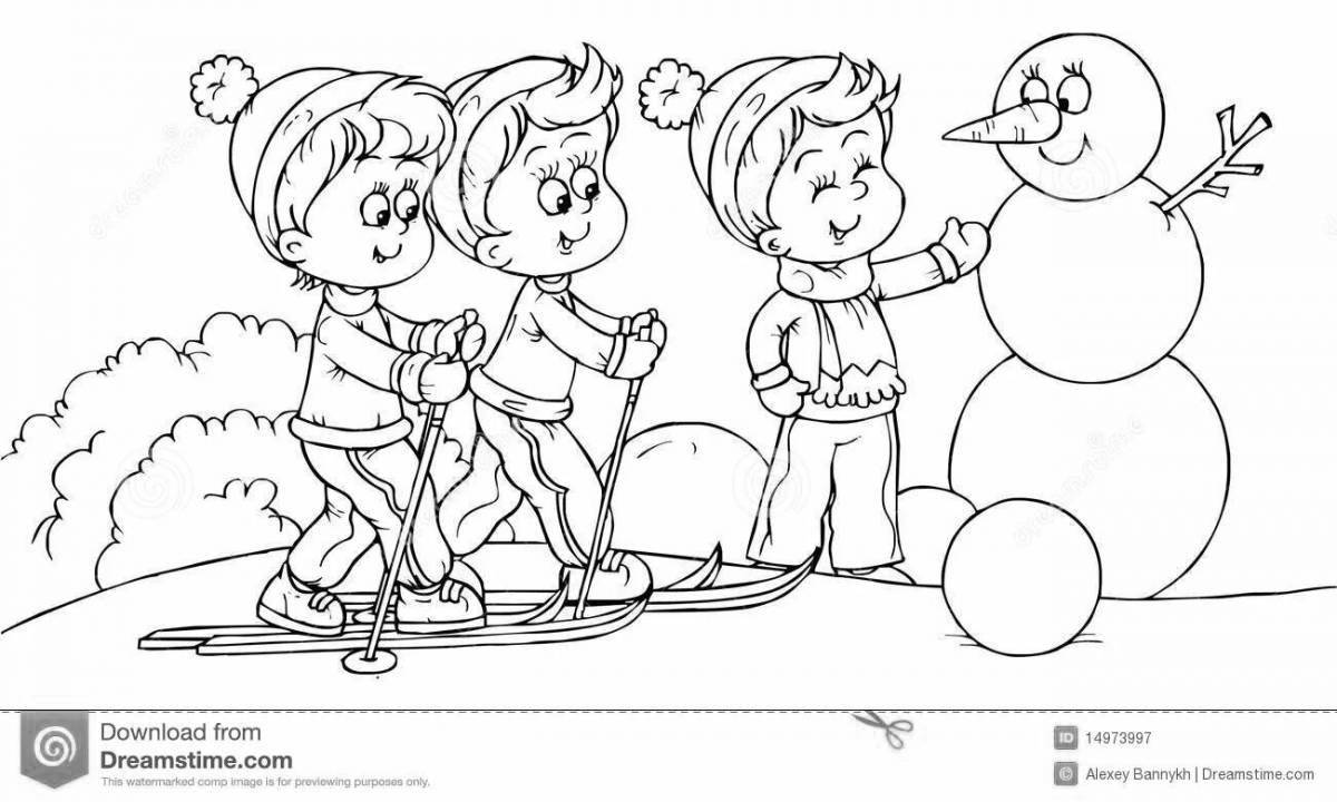 Coloring page shining children playing snowballs