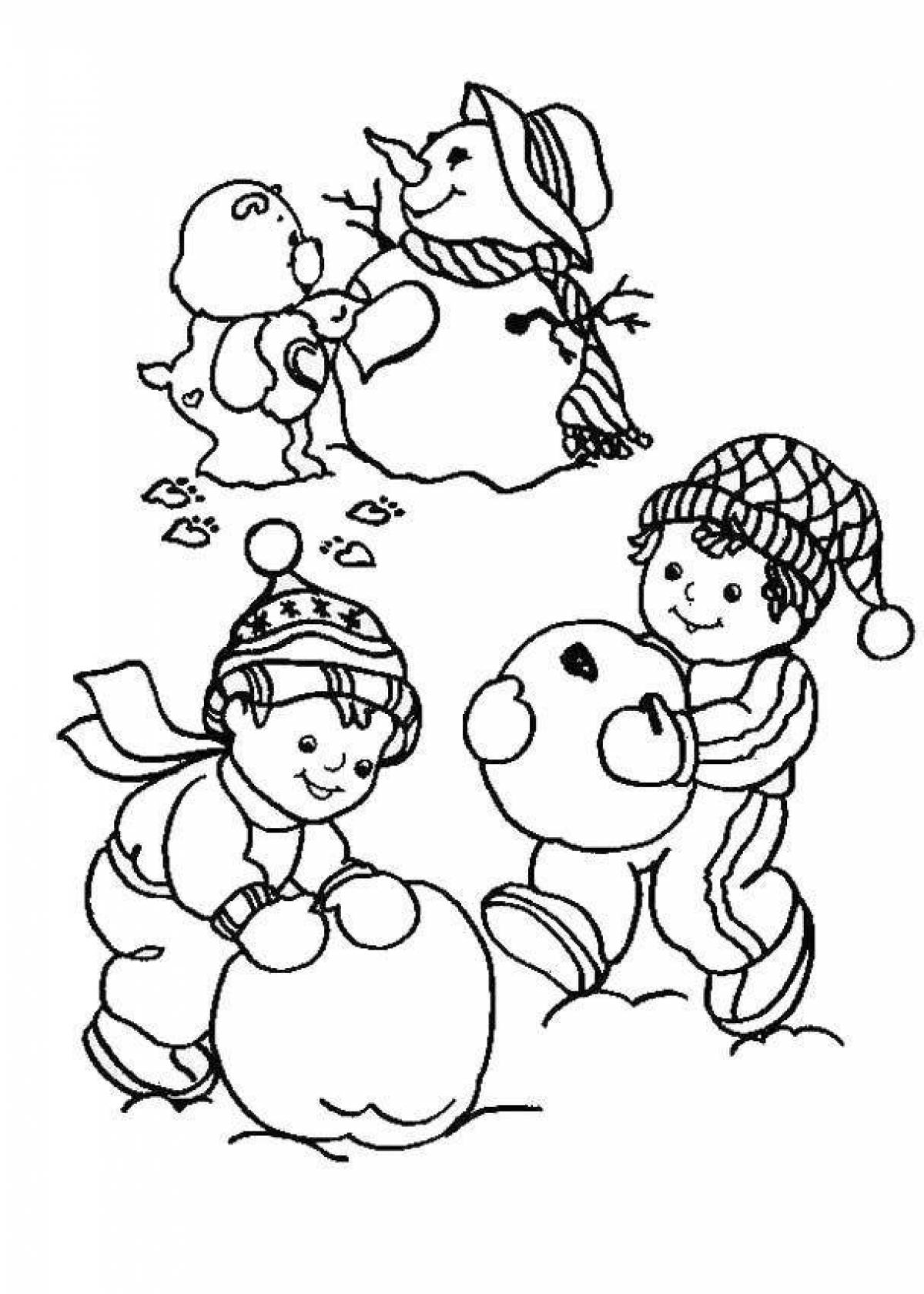 Coloring book kids are excited about the snowball fight