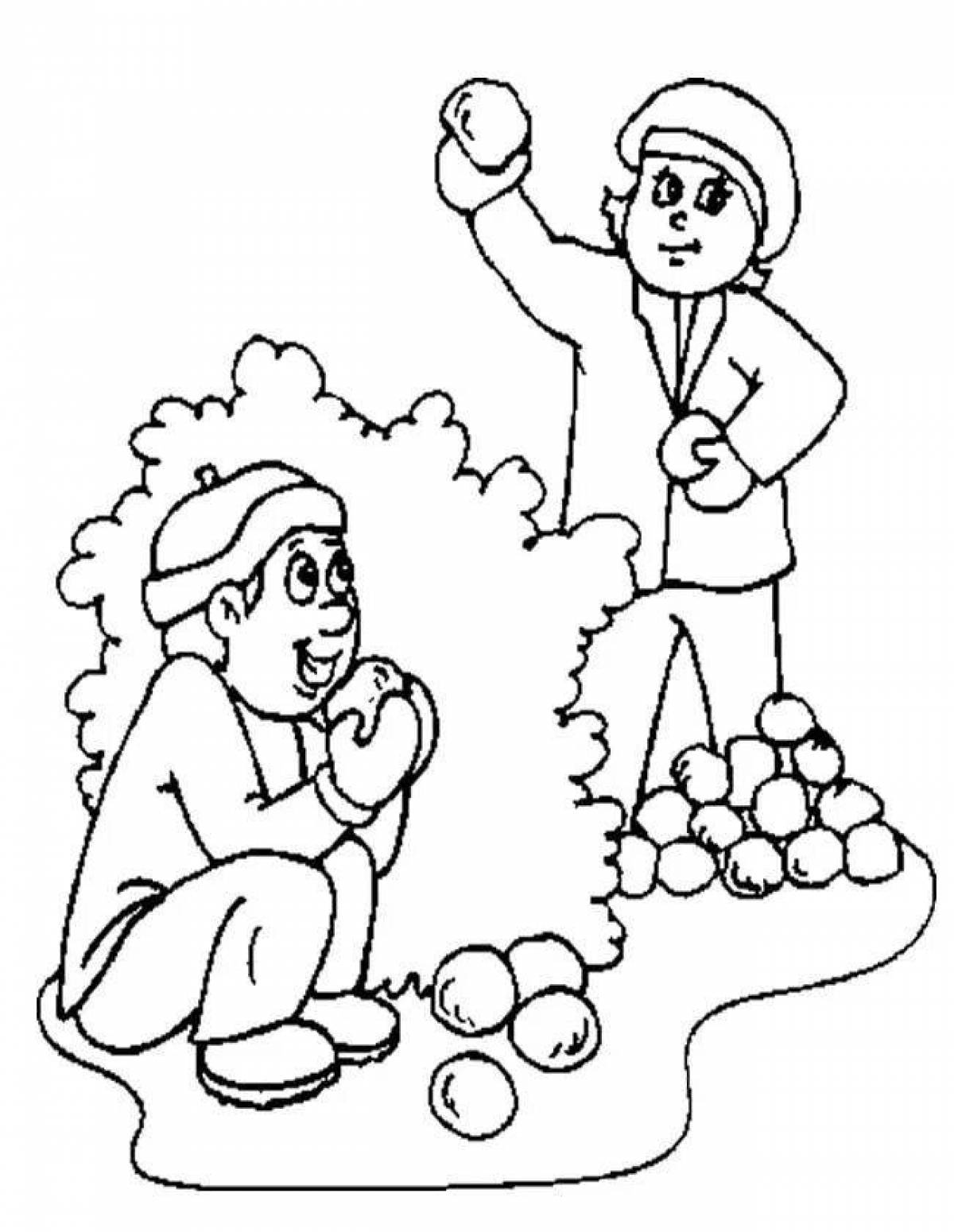 Coloring page excited kids playing snowballs