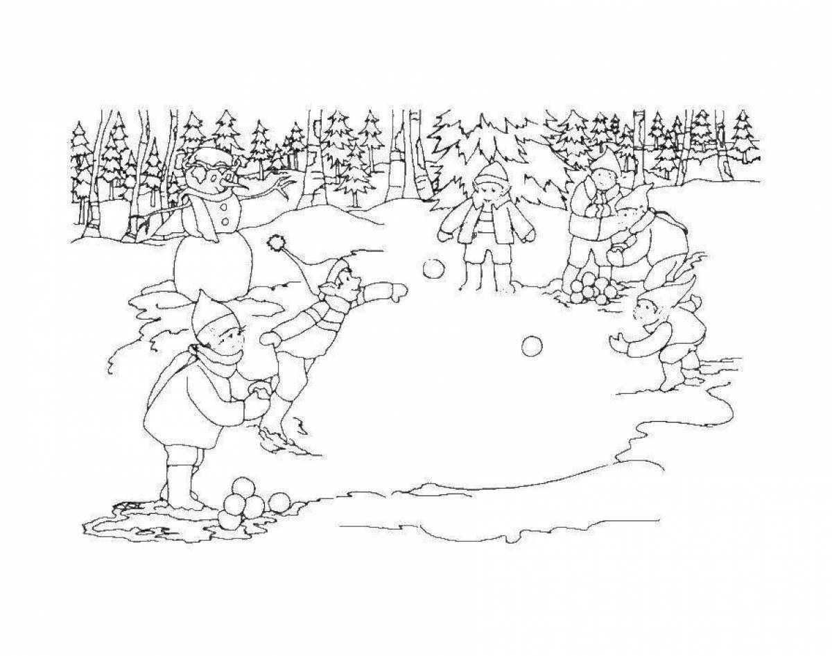 Coloring page cheering children playing snowballs