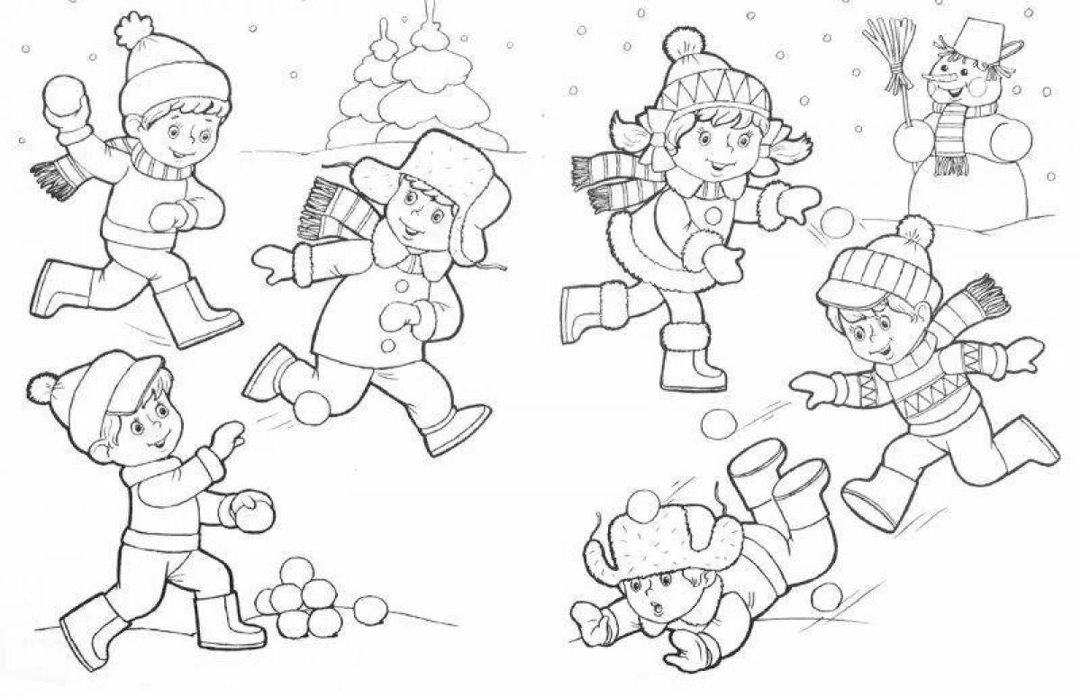 Coloring page enthusiastic children playing snowballs