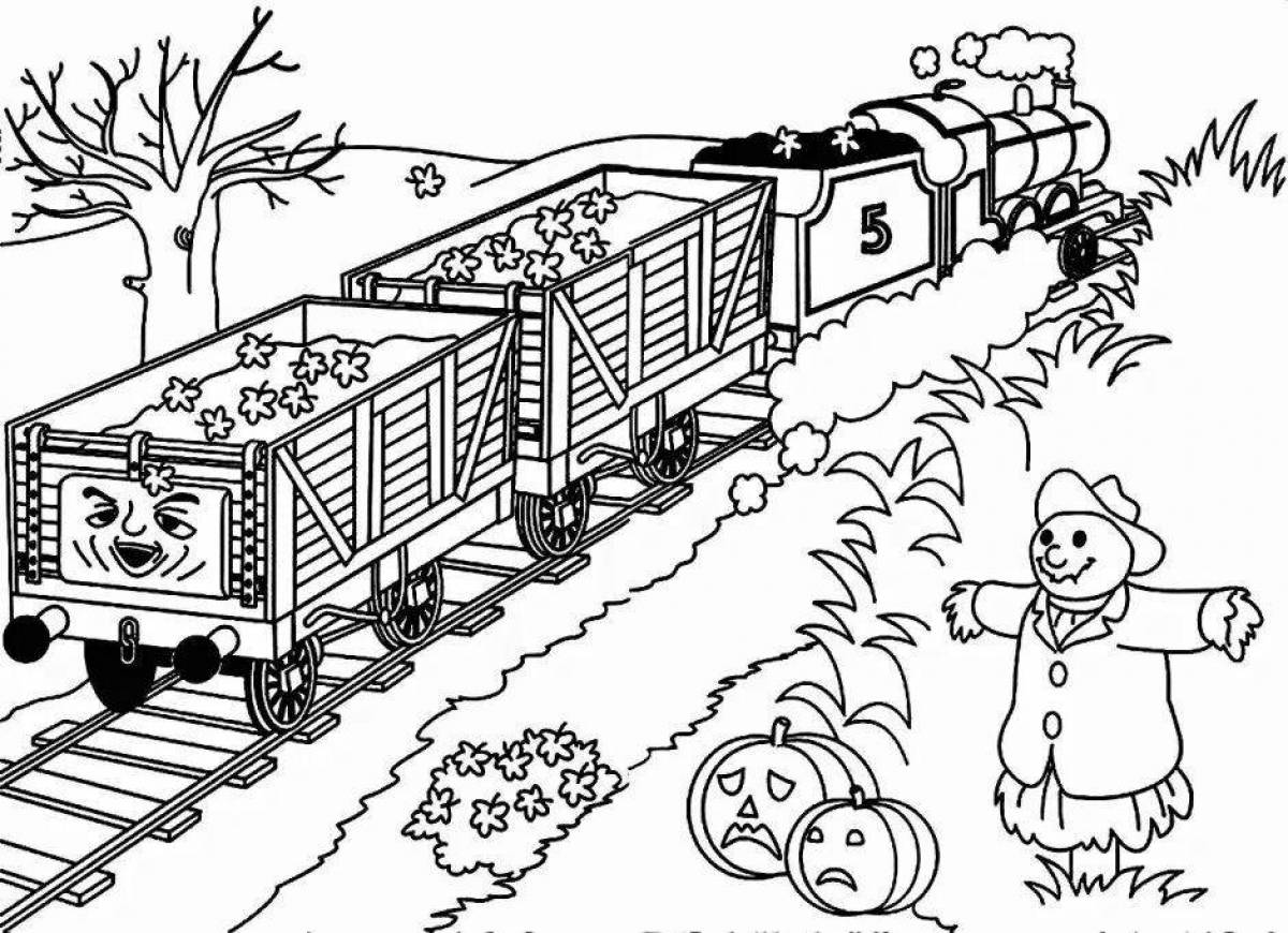 Freight train coloring page with colored splashes