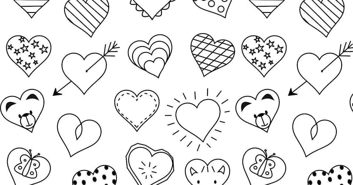 Coloring page with lots of glowing hearts