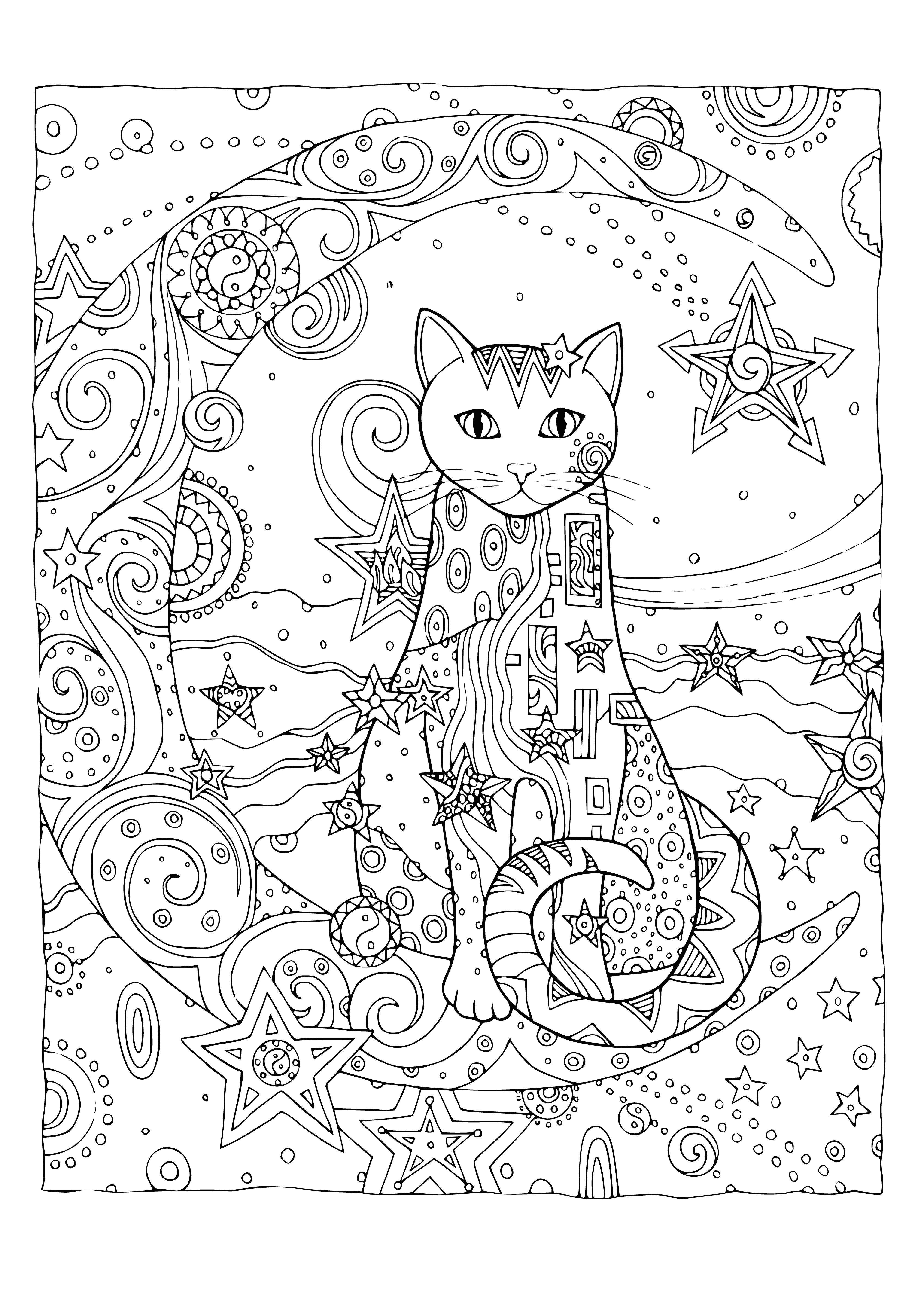 Serene coloring page anti-stress kitty