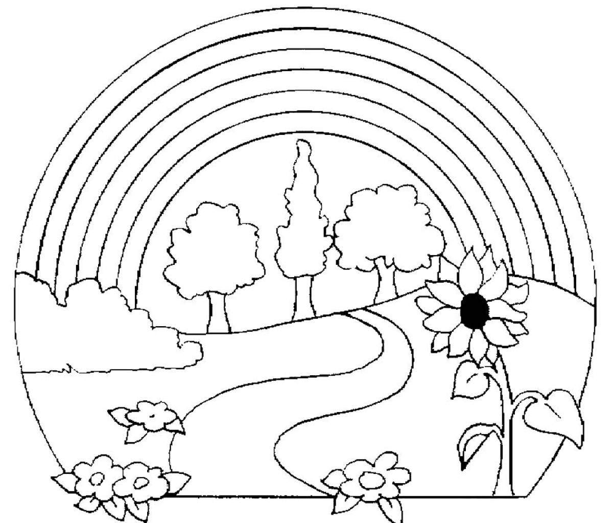 Coloring page summer landscape with a rainbow