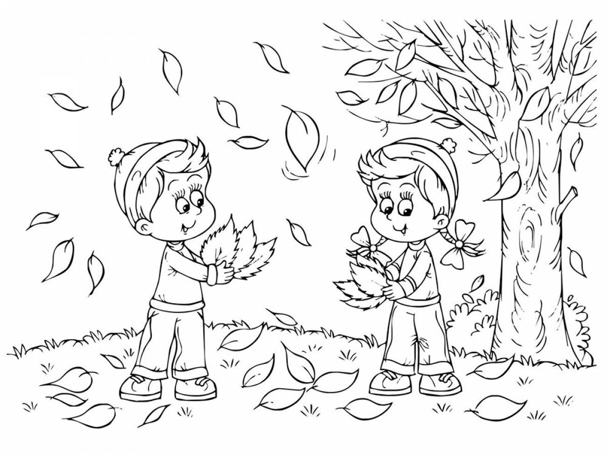 Дети собирают осенние листья
