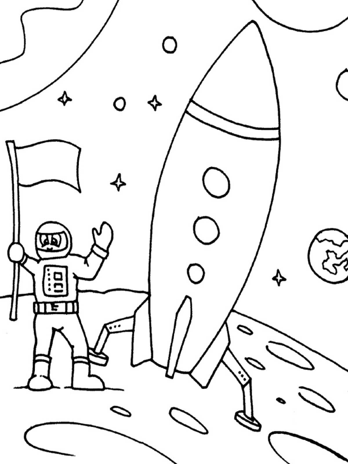 Astronaut with flag and rocket