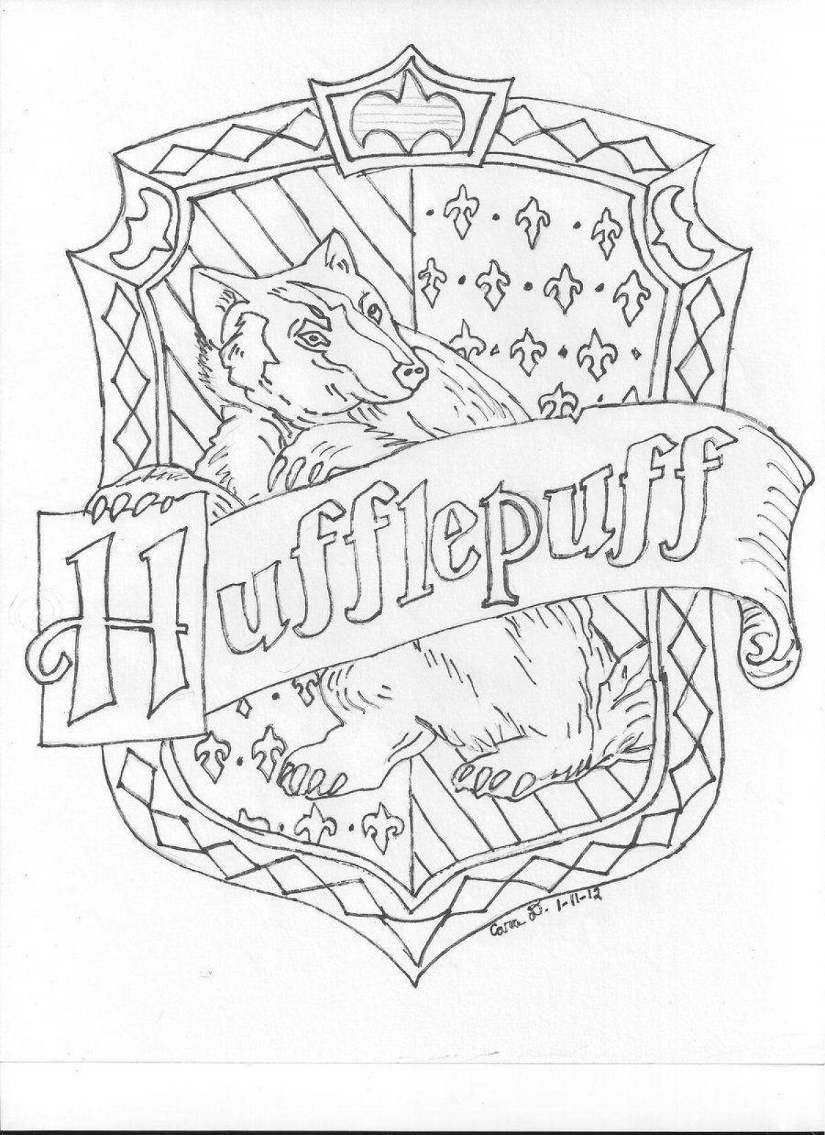 A brightly colored coat of arms of Hogwarts coloring book