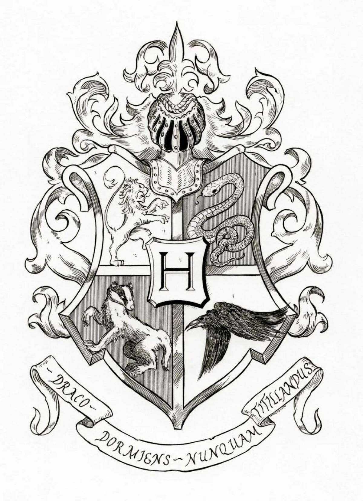 Generously detailed coat of arms of Hogwarts coloring book