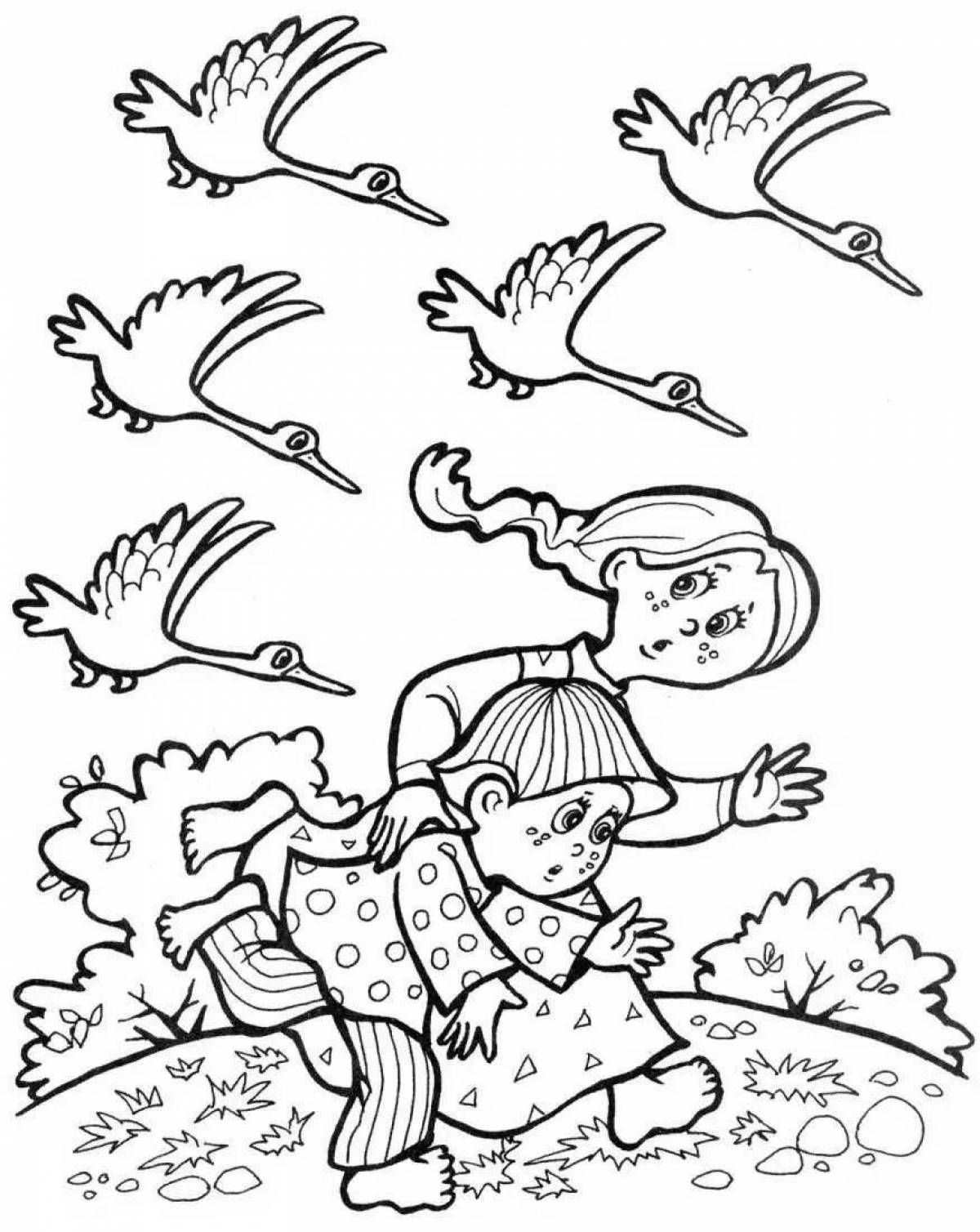 Coloring book dreamy fairy tale geese swans