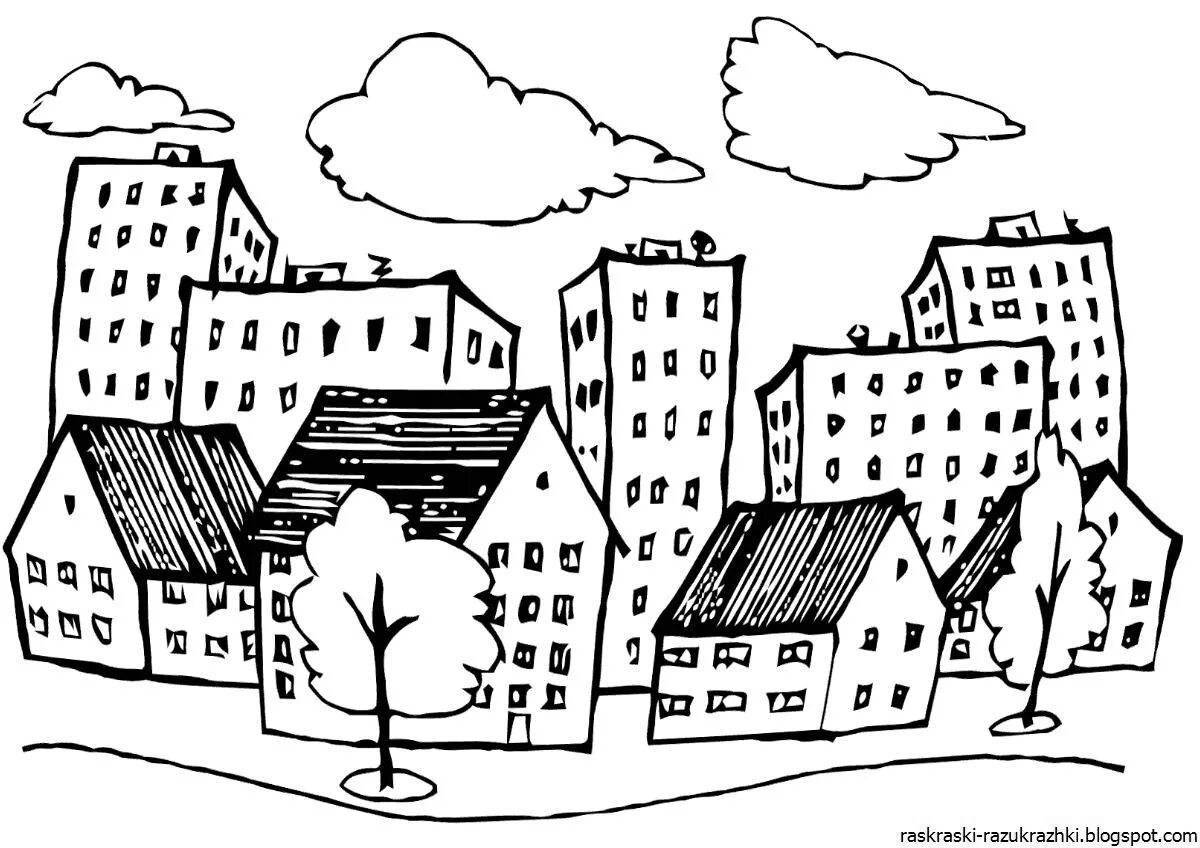 Coloring book cheerful city for children 6-7 years old