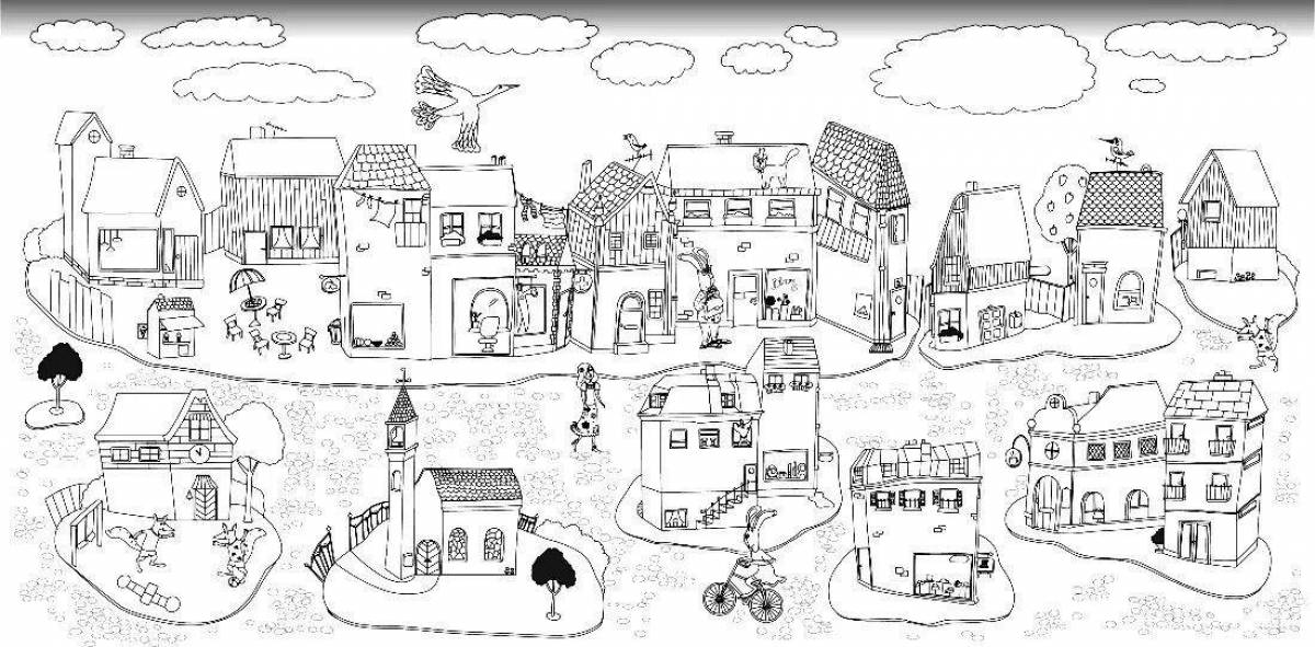 Colour coloring of the city for children 6-7 years old