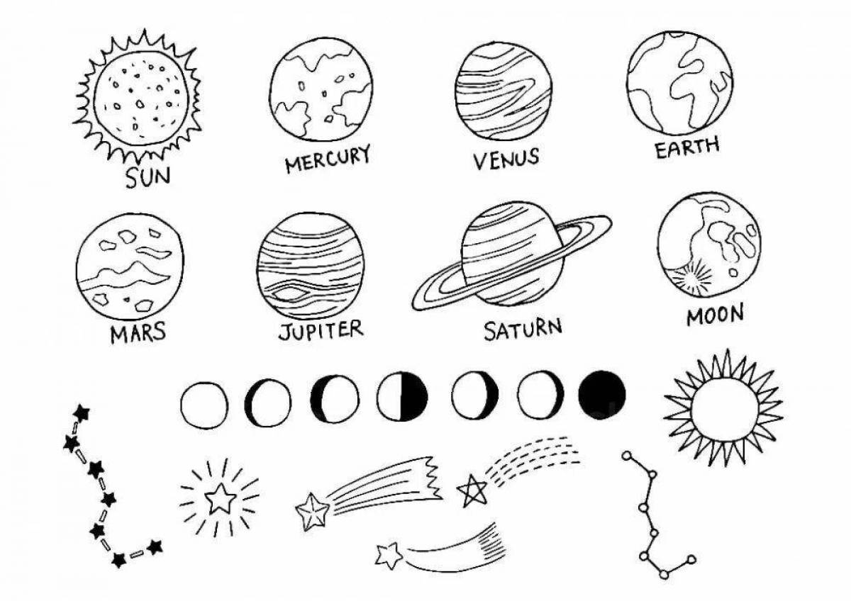 Великолепная раскраска планет солнечной системы в порядке от солнца с именами