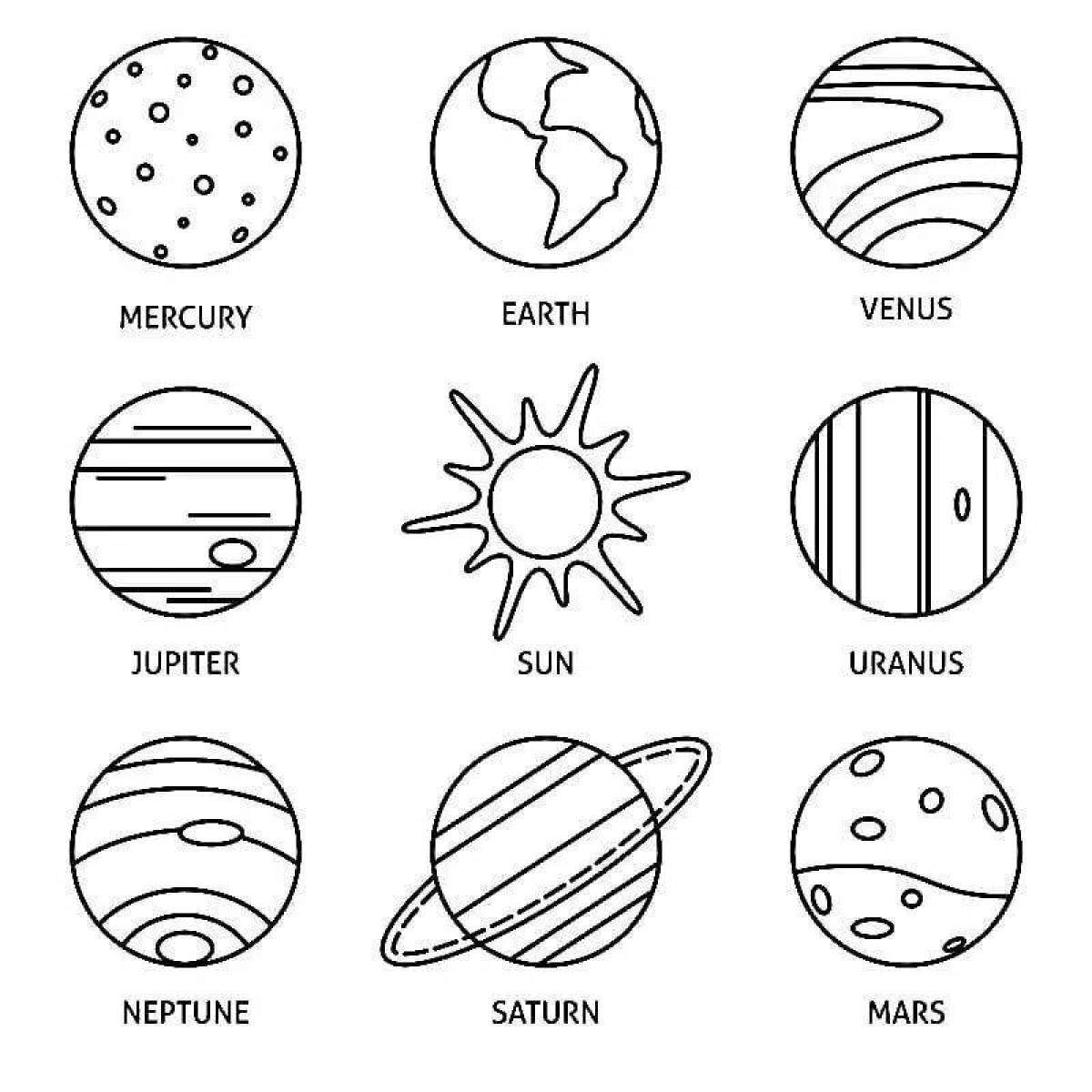 Изящная раскраска планет солнечной системы в порядке от солнца с именами