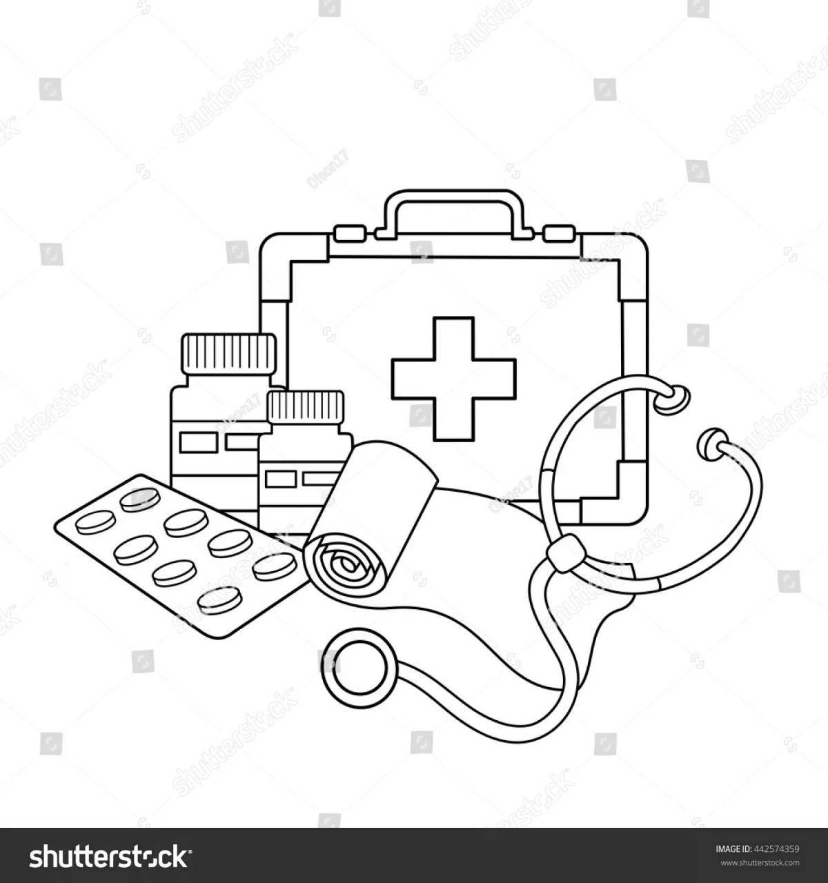 Colored explosive first aid kit coloring book