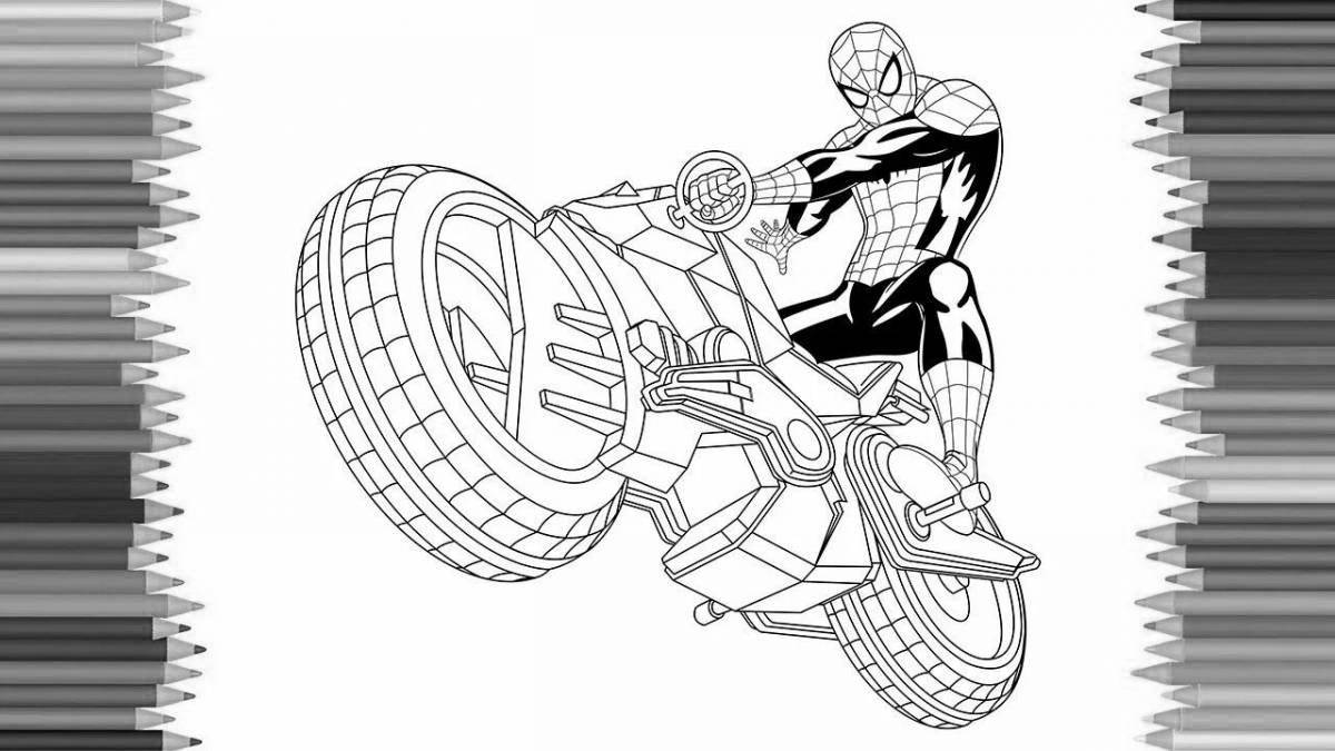Красочный человек-паук на мотоцикле