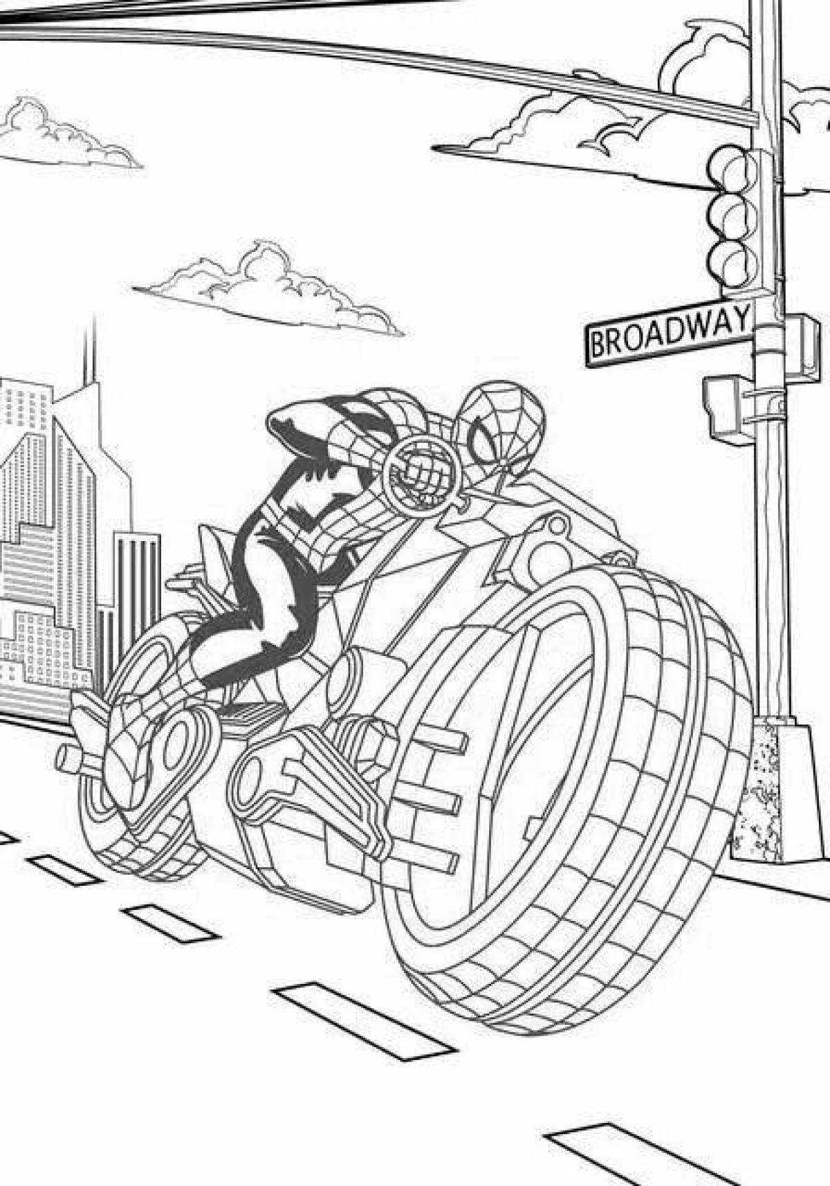 Adventurous spider-man on a motorcycle