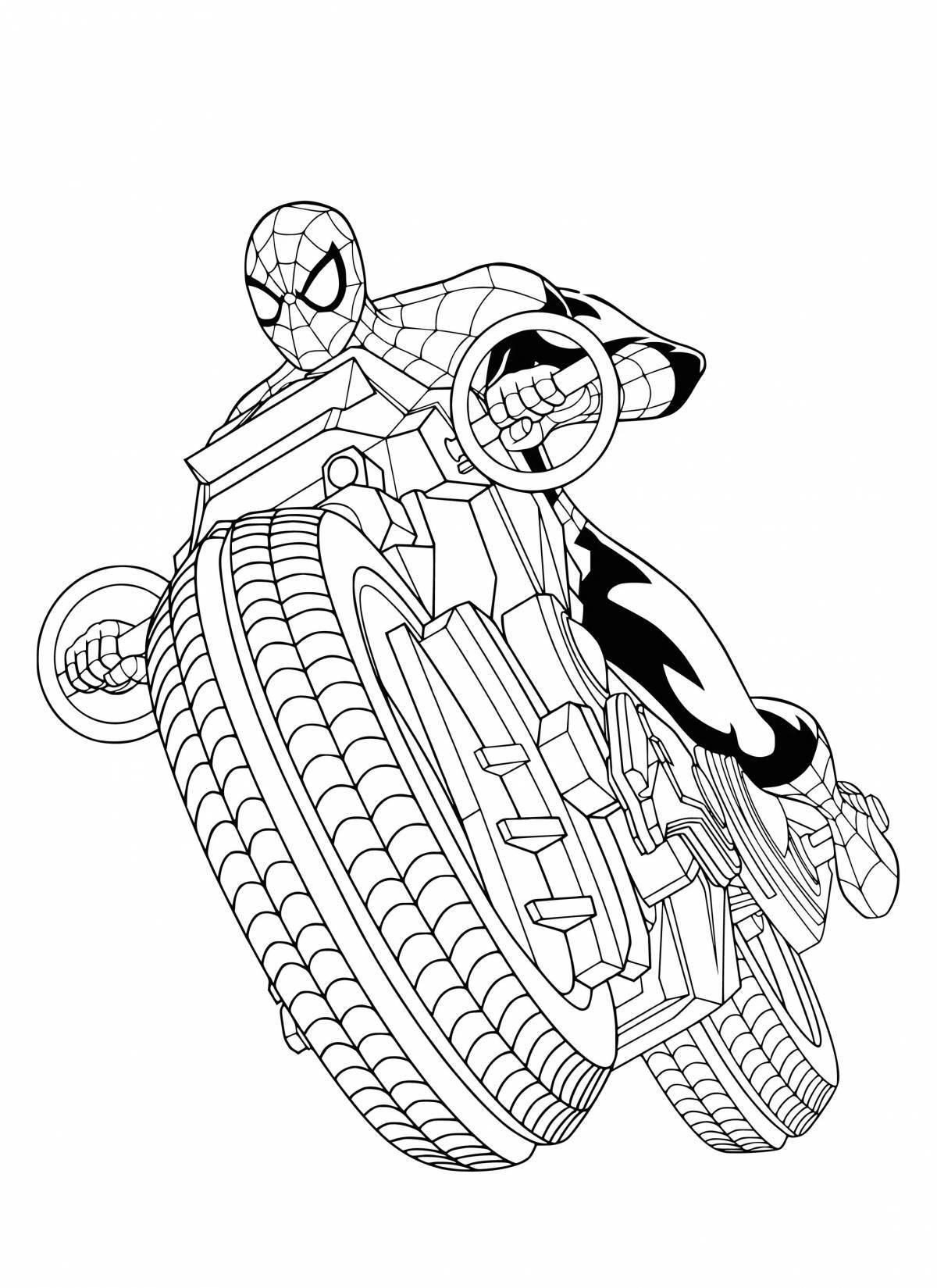 Dazzling spider-man on a motorcycle
