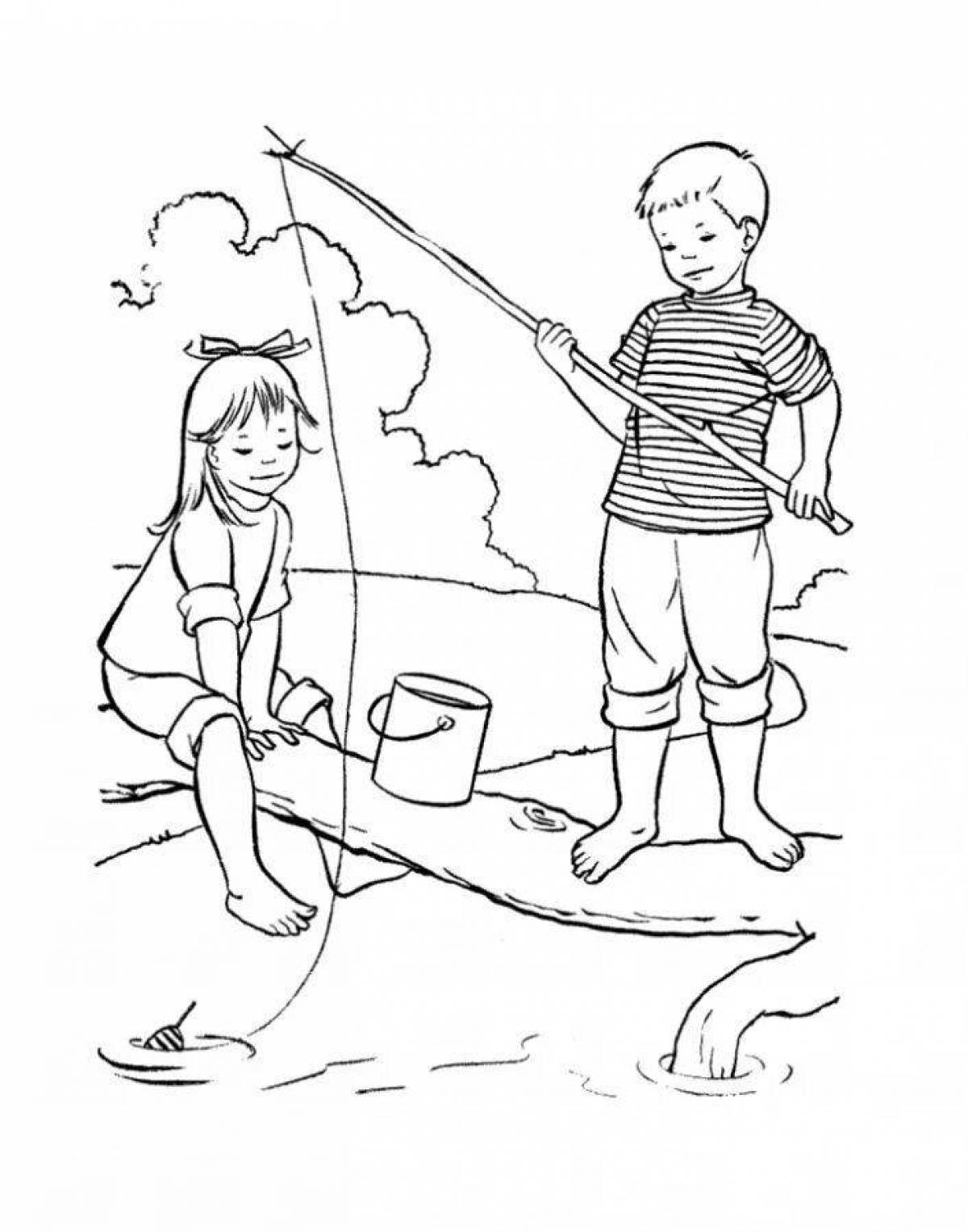 Мальчик ловил рыбу на реке. Лето раскраска для детей. Рыбалка раскраска для детей. Раскраска лето для малышей. Рисунок на тему рыбалка.
