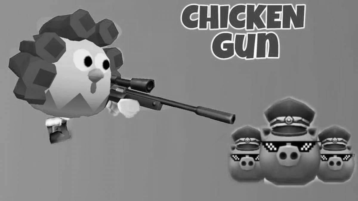 Playful chicken gun coloring page
