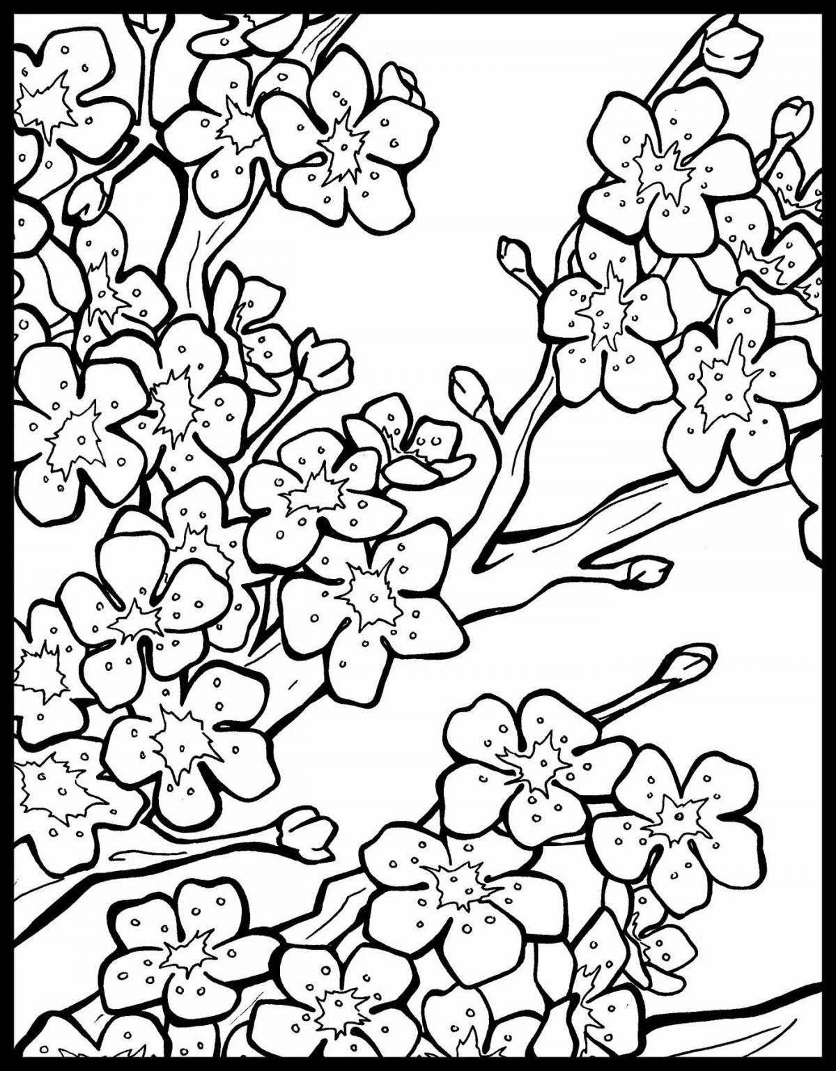 Coloring book happy sakura branch