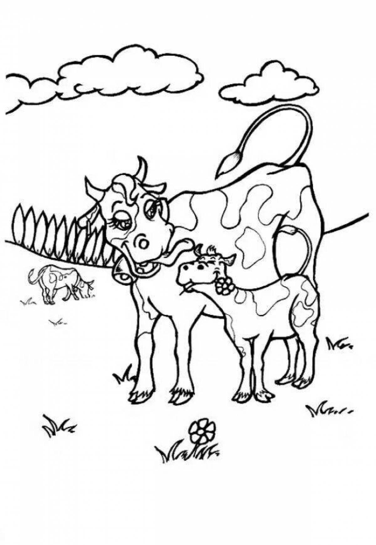 Забавная раскраска коровы и теленка