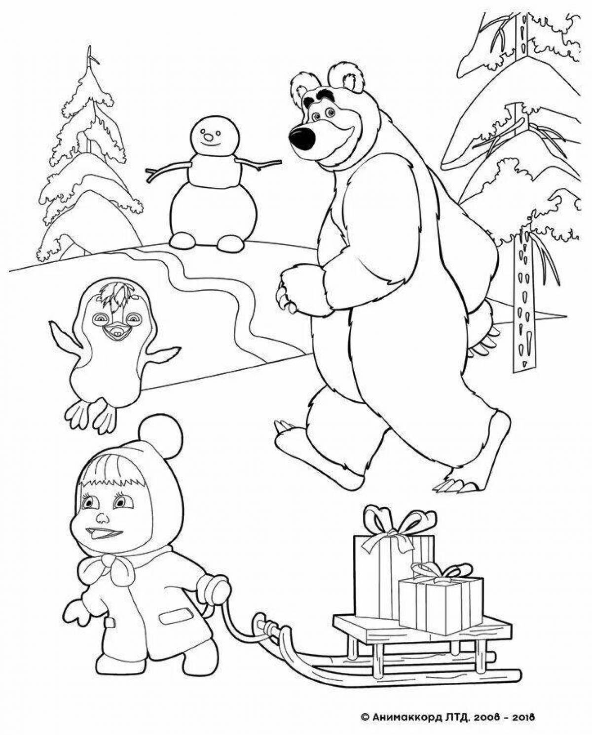 Радостная маша и медведь новый год раскраска