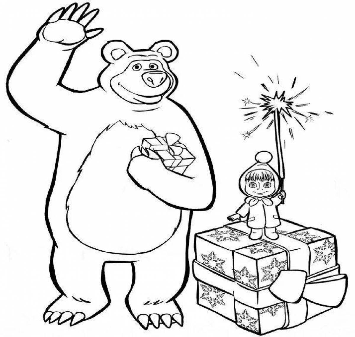 Изысканная новогодняя раскраска маша и медведь
