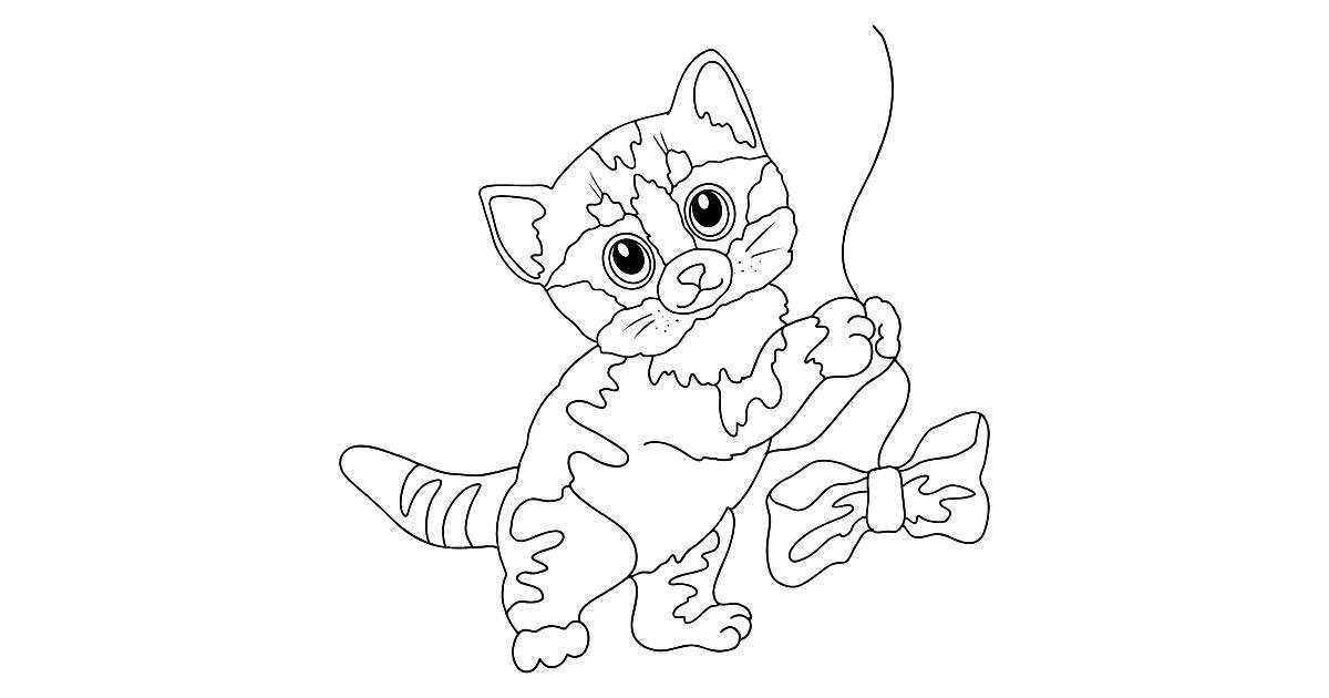 Coloring page happy kitten with a bow