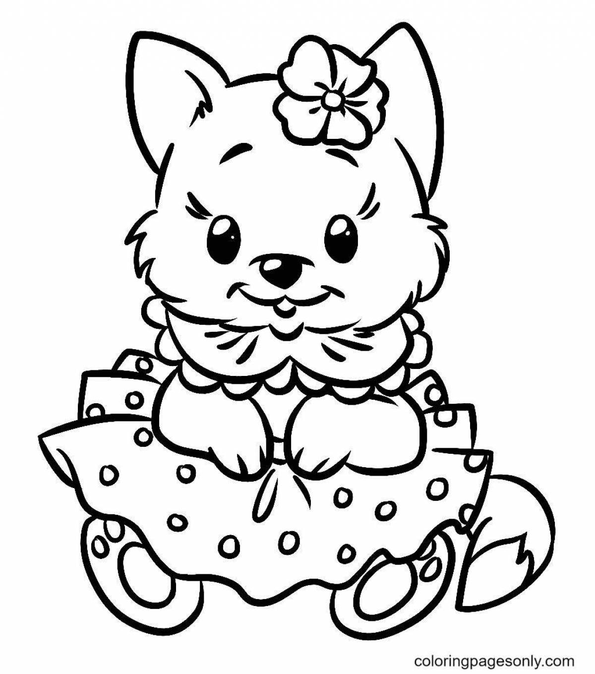 Coloring book fluffy kitten with a bow