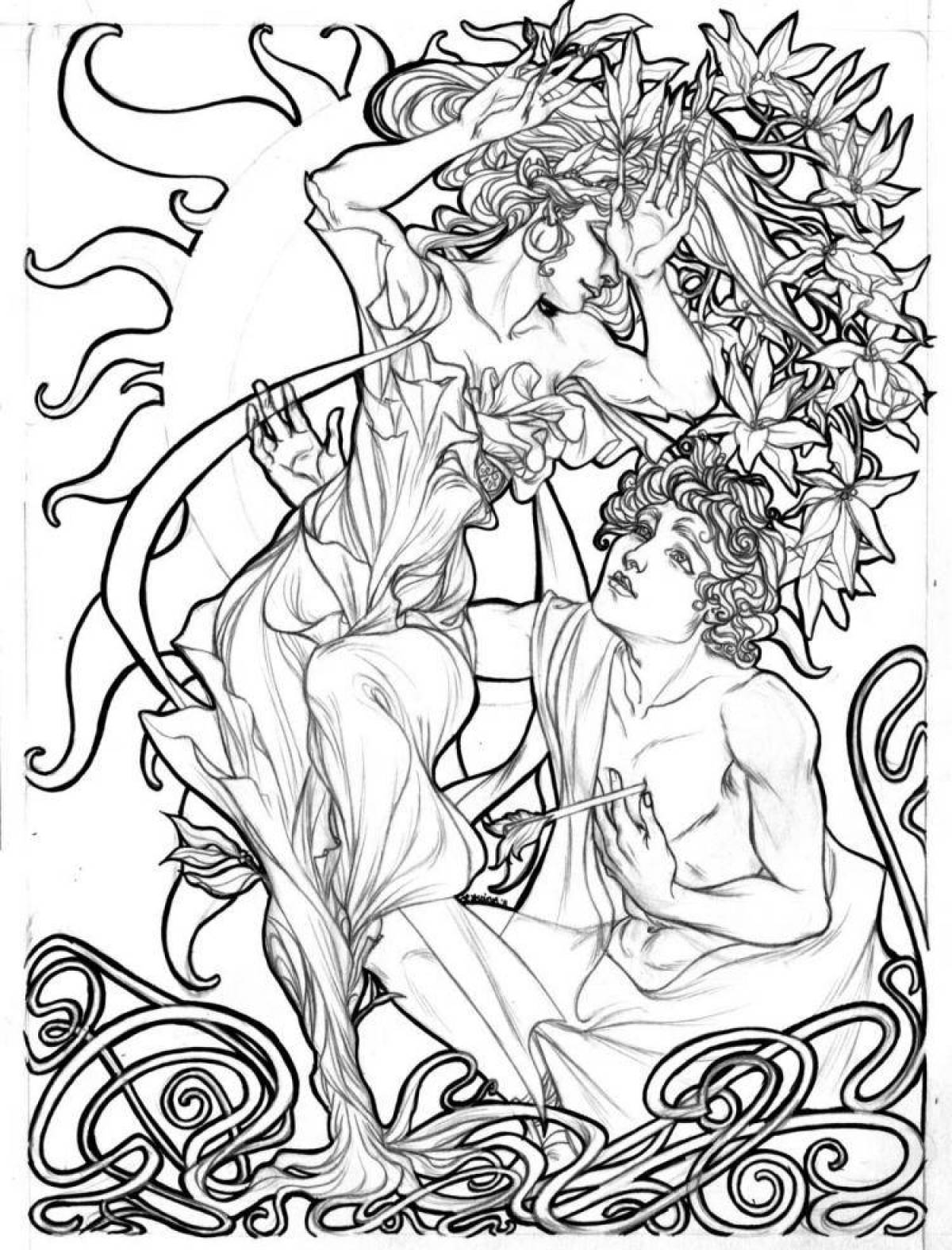 Coloring book charming Eurydice and Orpheus