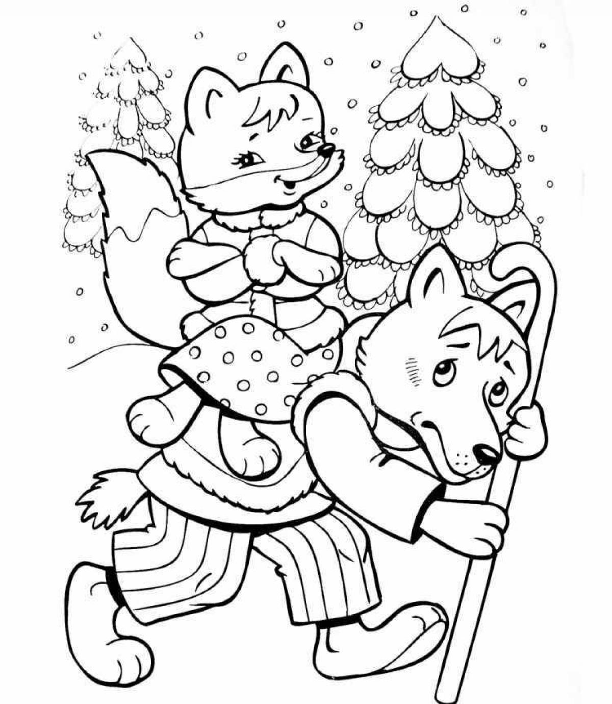 Charming coloring fairy tale fox and wolf