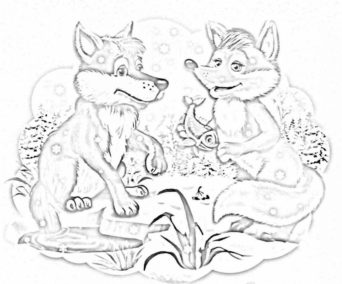 Mystical coloring fairy tale fox and wolf