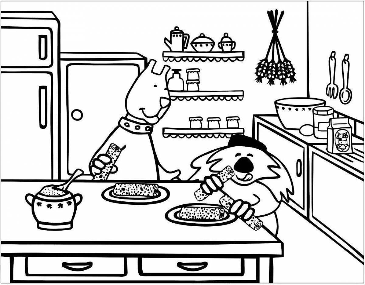 Playful magic kitchen coloring page