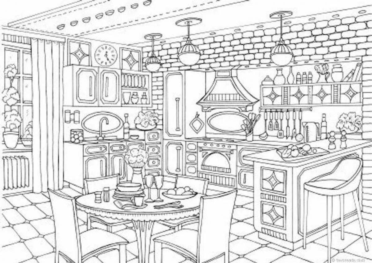 Coloring fantasy magical kitchen