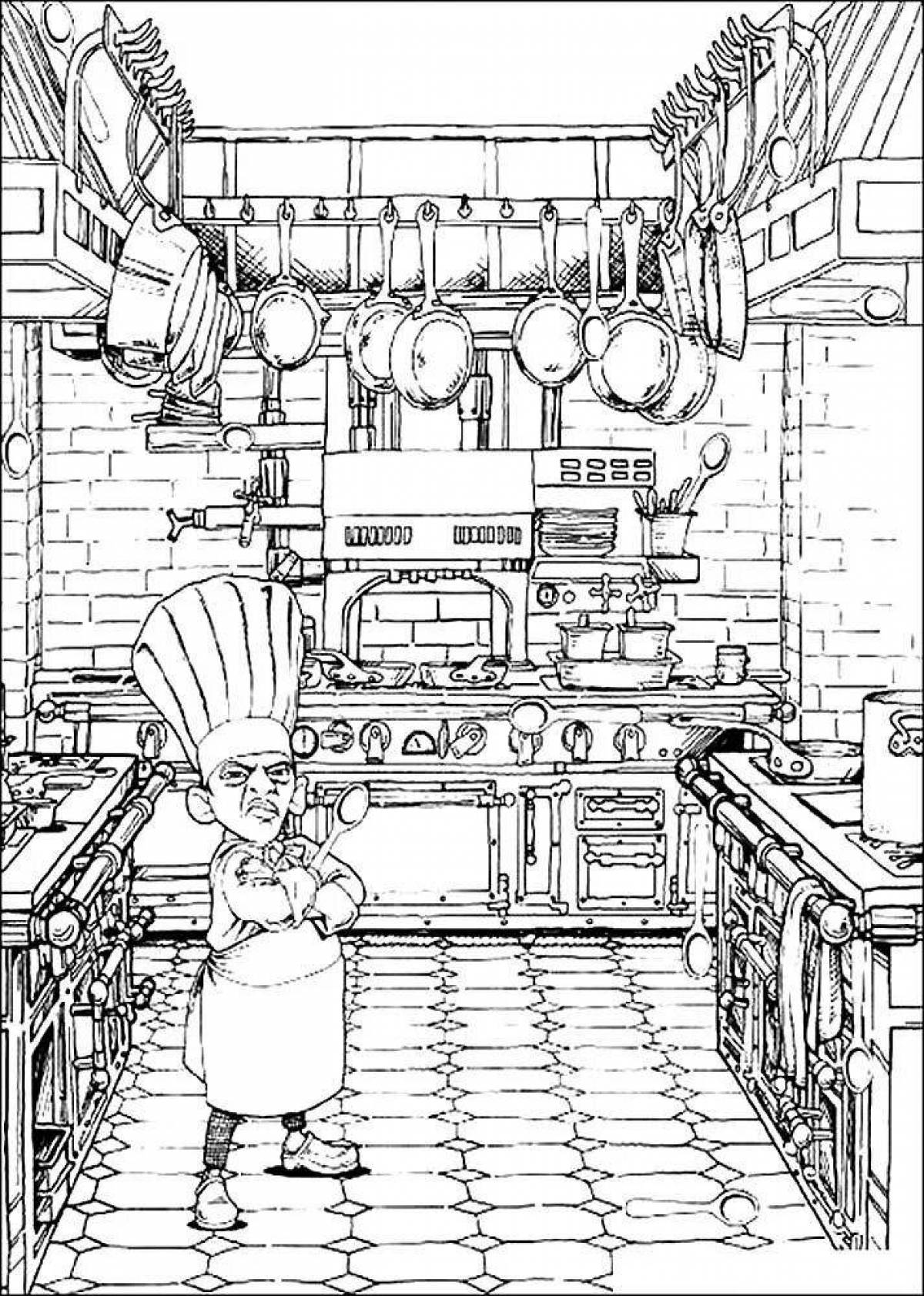 Rampant magical kitchen coloring page