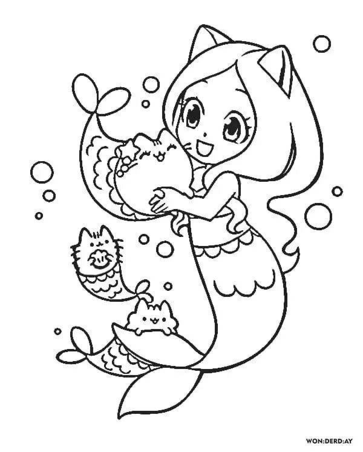 Serene coloring page cat mermaid