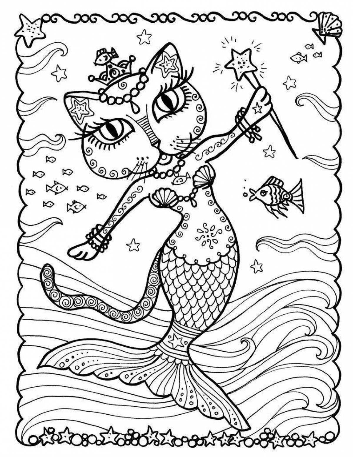 Hypnotic coloring cat mermaid