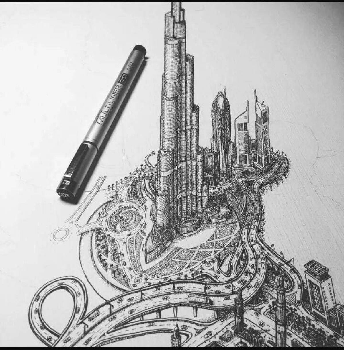 Бурдж-Халифа в Дубае карандашом