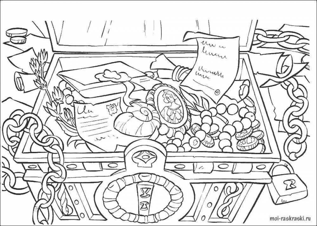 Раскрасить золото. Сундук с сокровищами раскраска. Сундук с кладом раскраска. Раскраска пиратские сокровища. Пиратский клад раскраска.