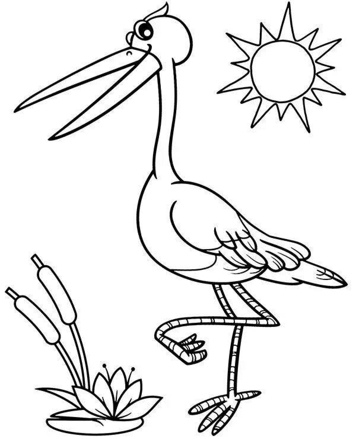 Colorfully illustrated black stork coloring page