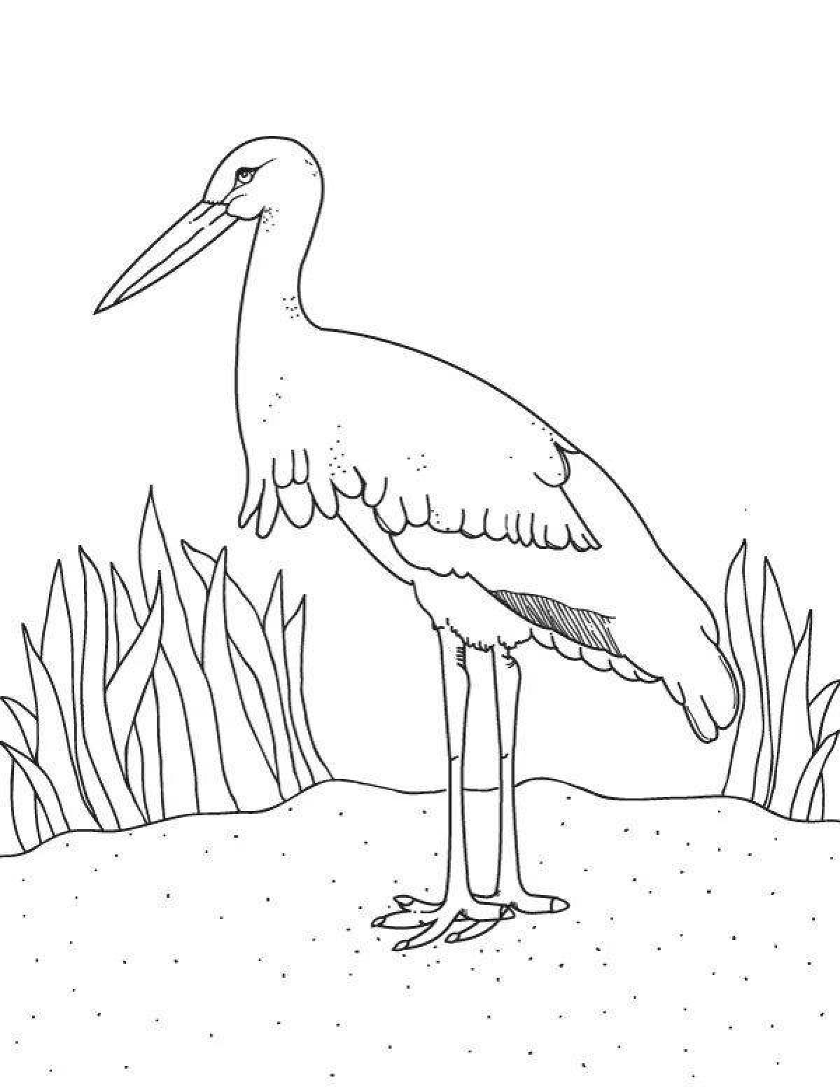 Colorfully textured black stork coloring page
