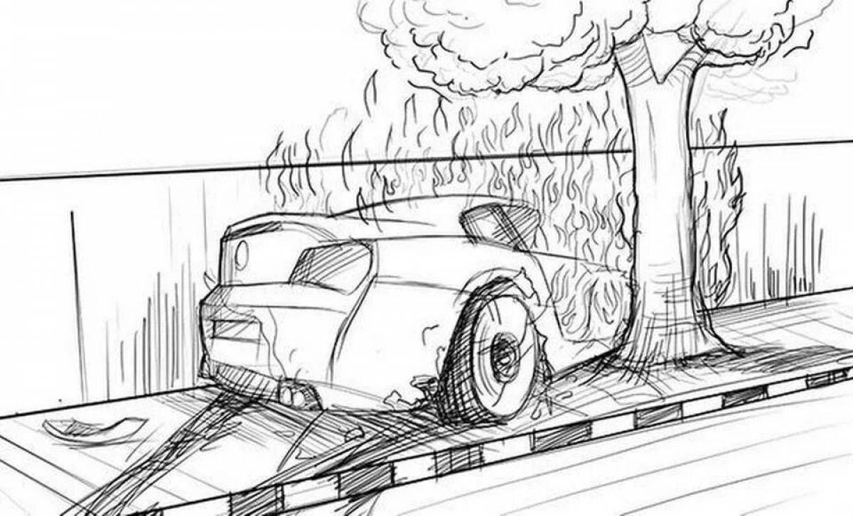 Large wrecked car coloring page
