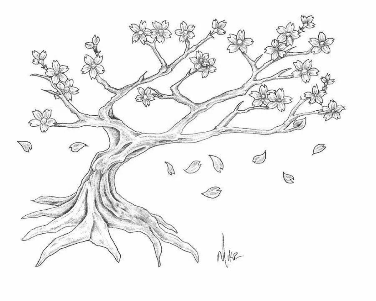Раскраска величественное дерево сакуры